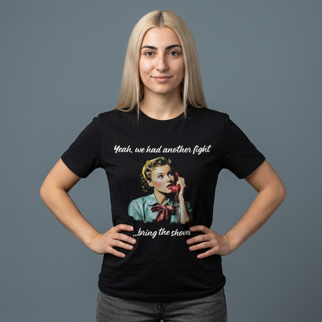Vintage Phone Graphic Tee — "Yeah, we had another fight... bring the shovel"