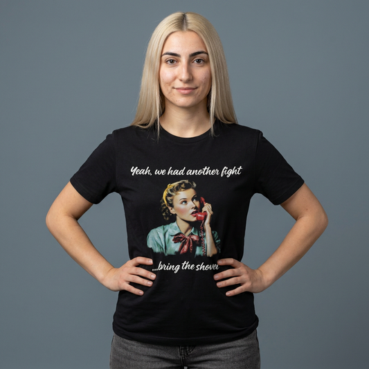 Vintage Phone Graphic Tee — "Yeah, we had another fight... bring the shovel"